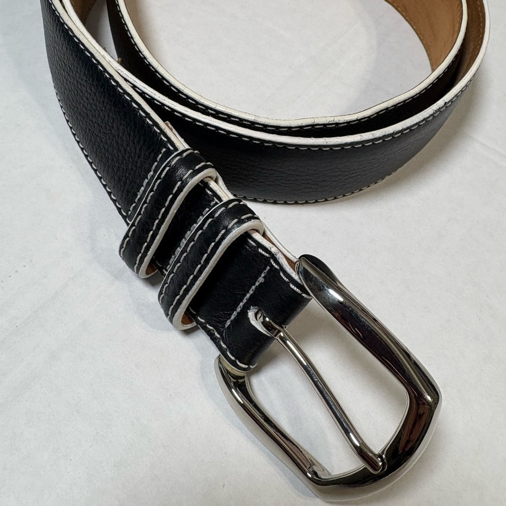 Bobby Jones Men's Black Leather Belt w White Stitching. USA,Italian Brass Buckle